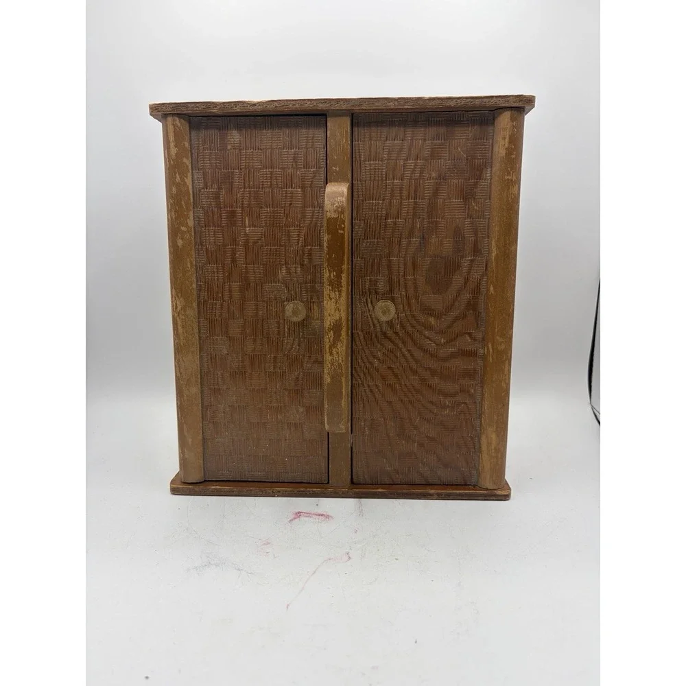 Vintage Wooden Sewing Basket Cabinet Double Door Storage Box Woven Look 10